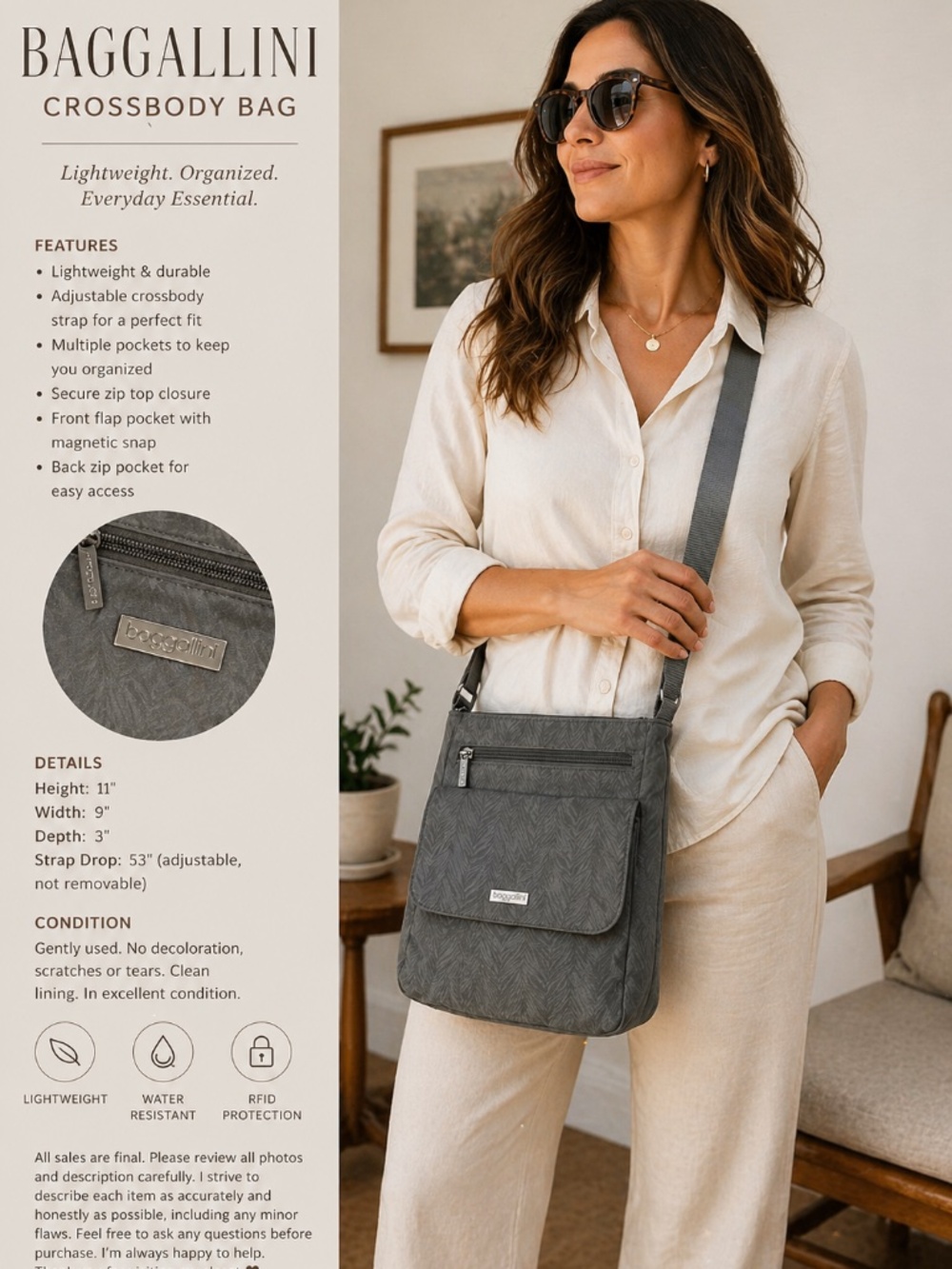 Baggallini Crossbody Bag – Gray Lightweight Travel/Everyday.